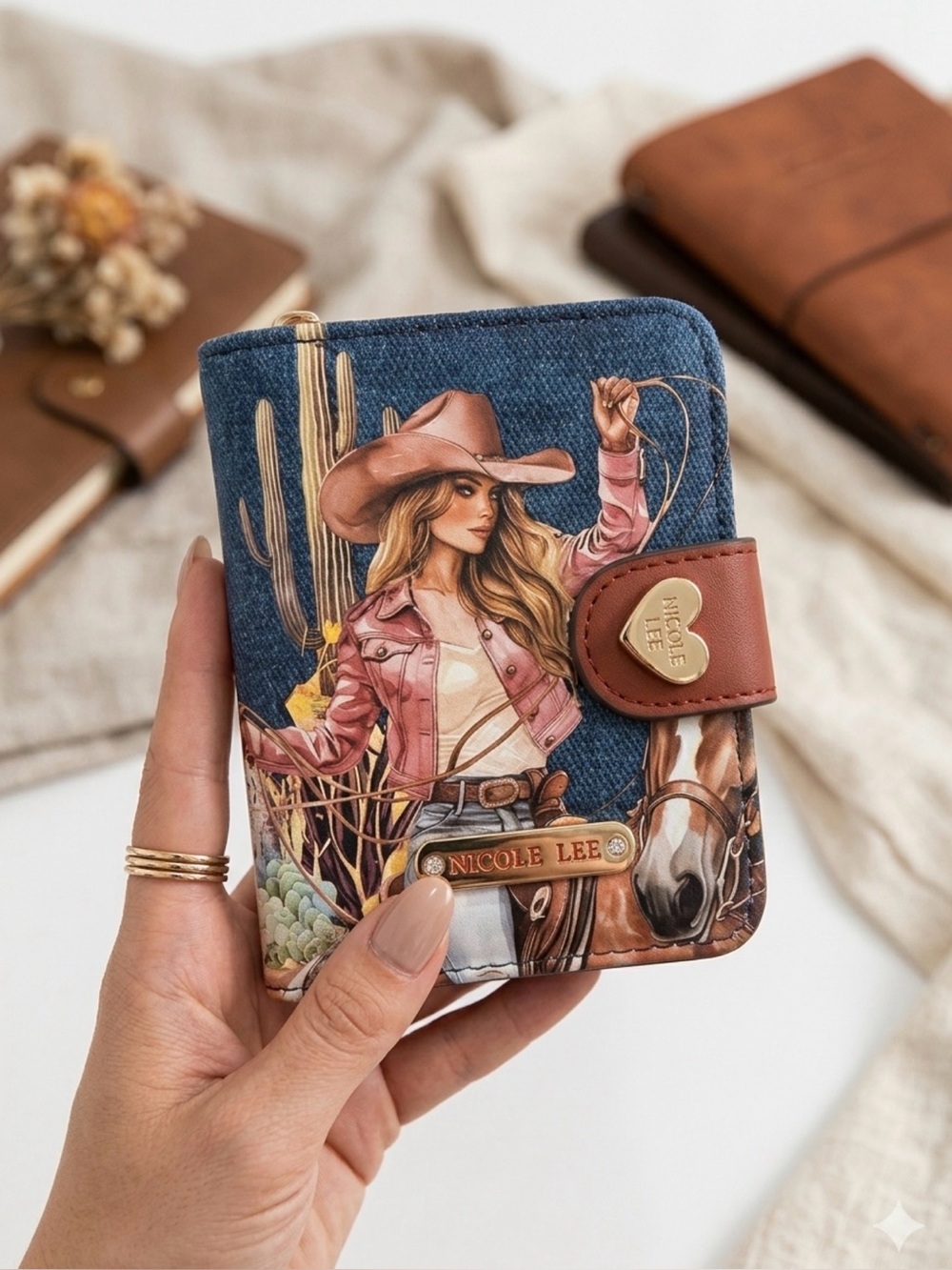 Nicole Lee Denim Heart Cowgirl Zip Card Holder in Blue and Brown